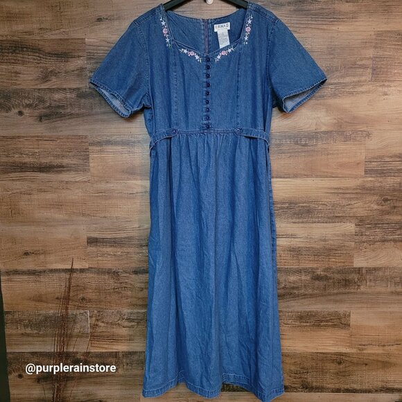 Vtg Erika Denim Maxi Dress 1X Floral Embroidered 80's 90's Country Girl Feminine - Picture 1 of 8